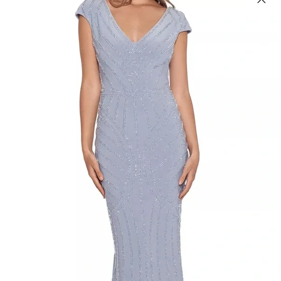 Xscape Womens V-Neck Maxi Evening Dress Silver 14